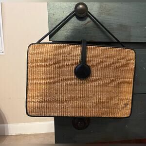 Vintage DOKKIM DOK KIM Nantucket Woven Natural Straw & Black Leather Clutch Bag